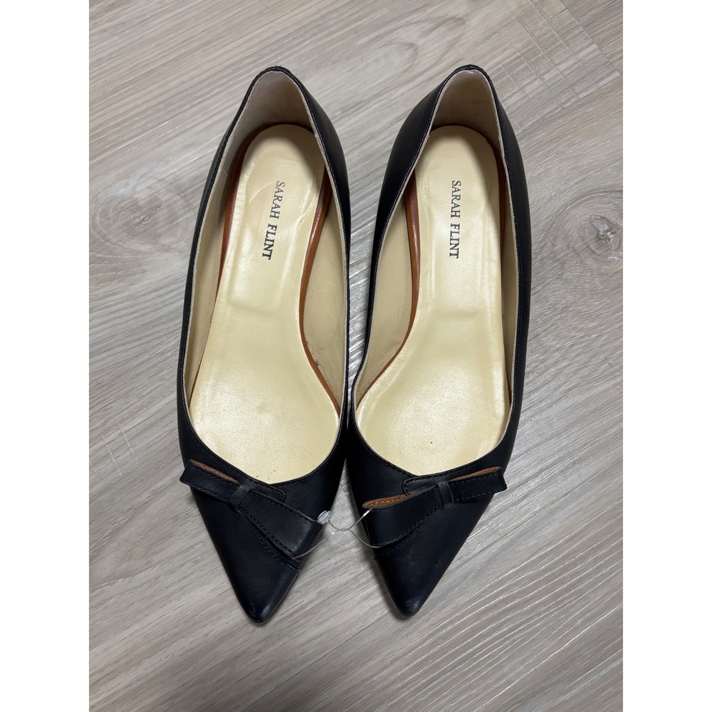 Sarah Flint Natalie Pointed Toe Flats Black Vachetta Leather Bow Size 36 Italy